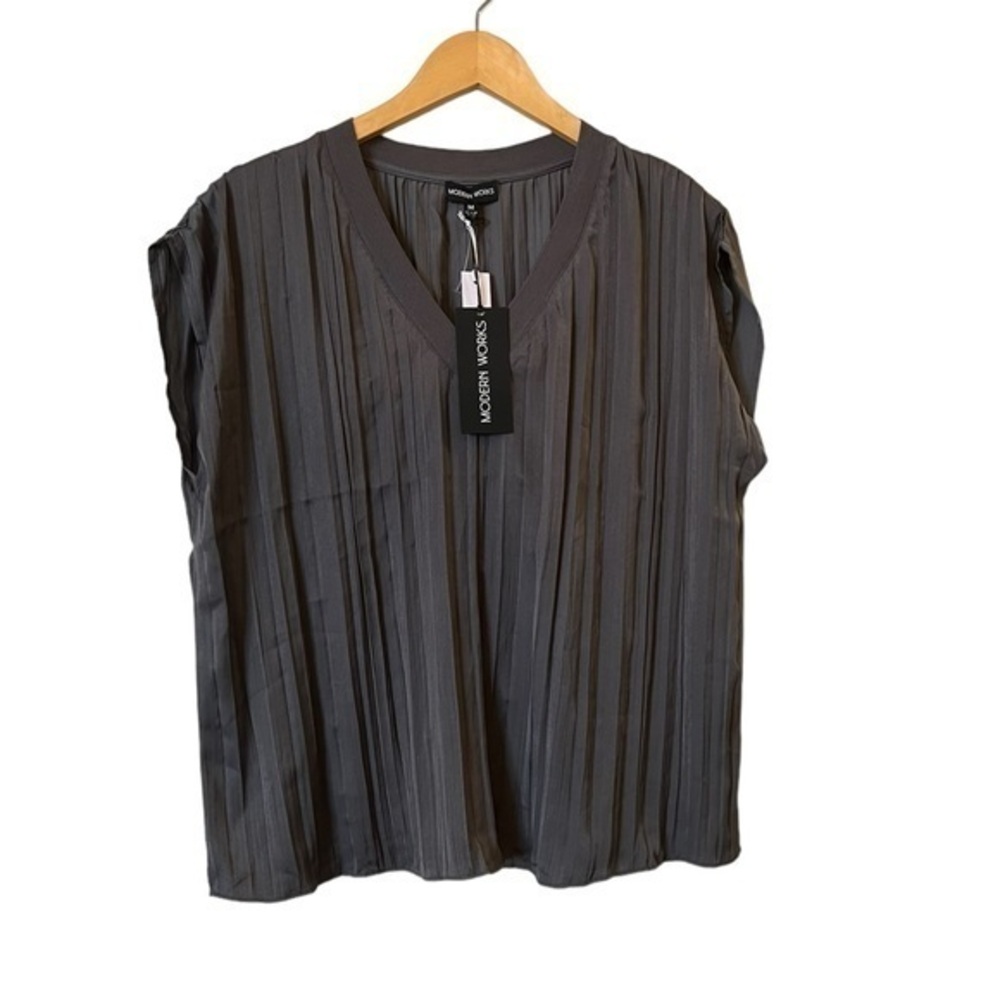 NWT MODERN WORKS Slate Blue Pleated Cap Sleeve V-Neck Top